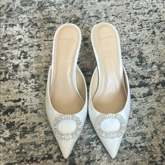 Black Suede Studio White Mules with Crystal Embellishment Wedding leather - Picture 1 of 8